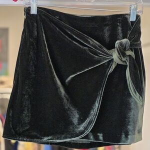 Velvet Wrap Mini Skirt with Side Knot - Dark Green